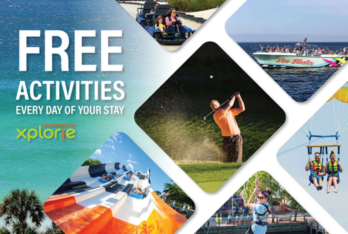 A vibrant collage of activities associated with the Elite VIP Experience Package. The image features scenes of water sports, golfing, family fun on slides, go-karting, and parasailing—representing curated, resort-style adventures available to guests.